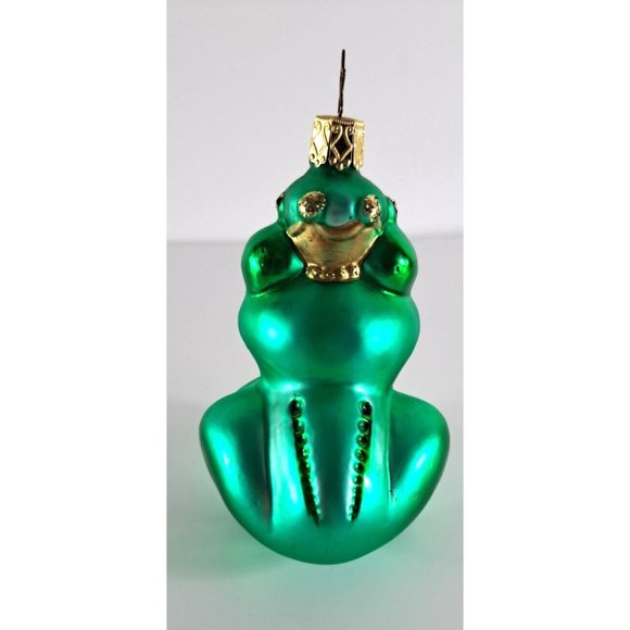 Blown Glass Inge Frog King Christmas Ornament Green Gold Crown Germany Retro - Picture 3 of 4